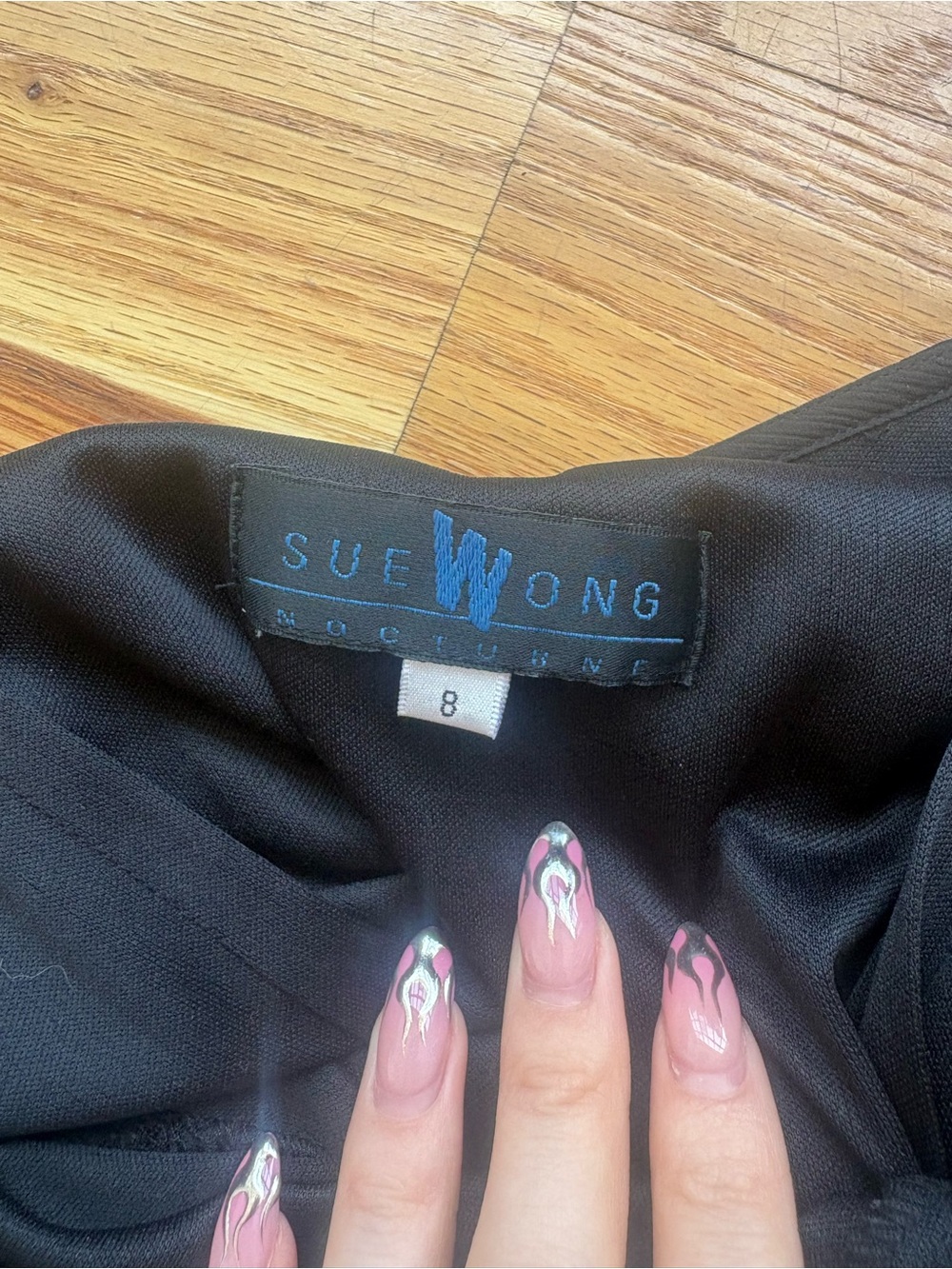 Sue Wong Black Silk Handkerchief-Hem Dress with floral Beading - Picture 4 of 8